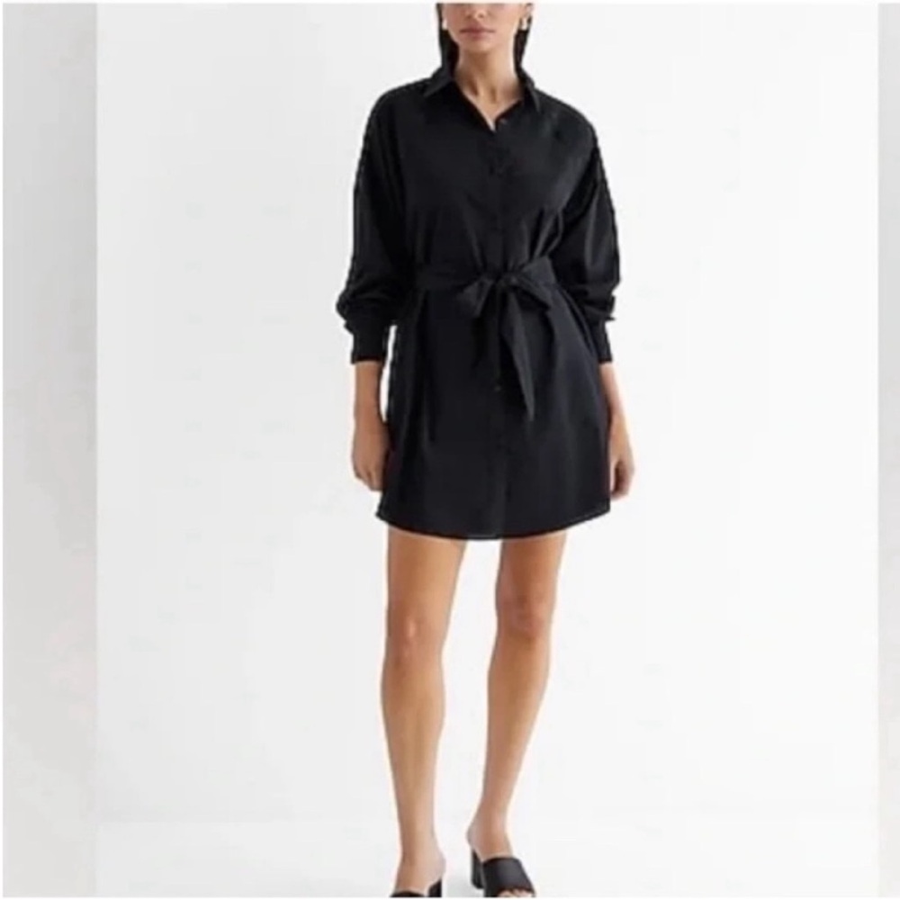 Express Portofino Black Shirt Mini Dress with Waist Tie